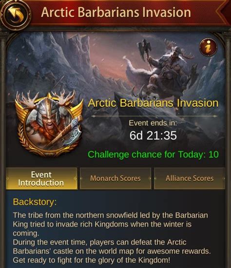 The <b>Arctic</b> <b>Barbarians</b> Invasion event is a limited time event in <b>Evony</b> that places NPC <b>barbarian</b> castles on the map for players and alliance to attack. . Arctic barbarians evony